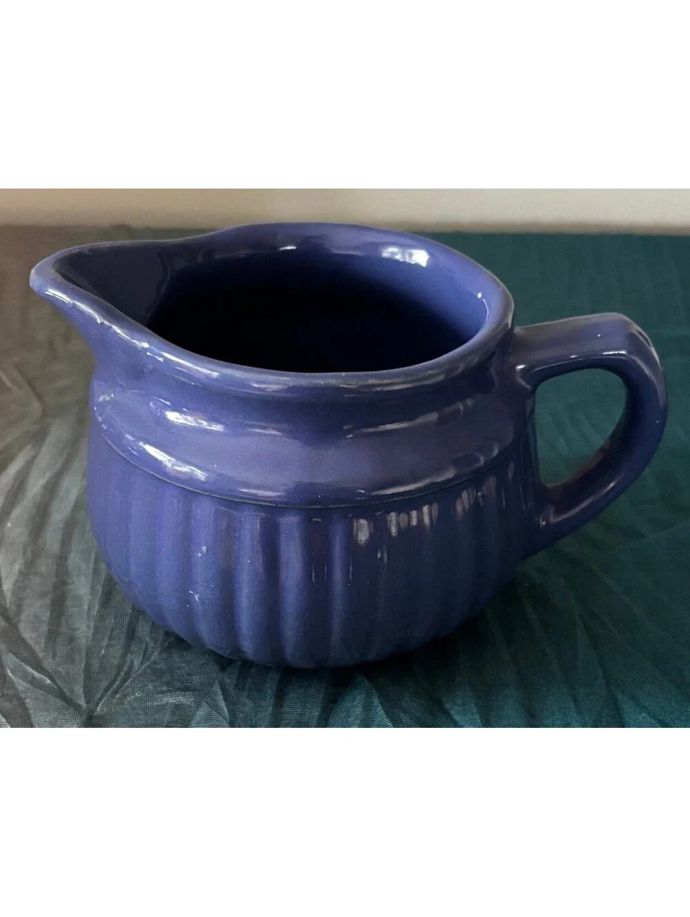 Vintage Cobalt Blue Pottery Creamer Pitcher Ribbed Ceramic Farmhouse